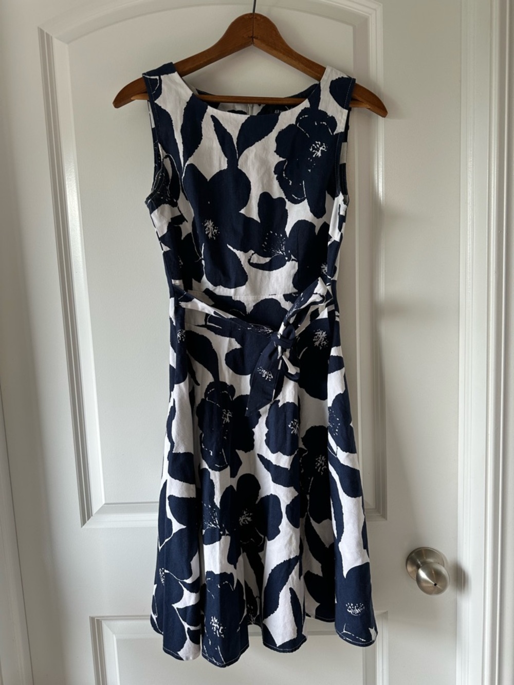 Sleeveless Navy & White Floral Fit & Flare Midi Dress with Waist Tie